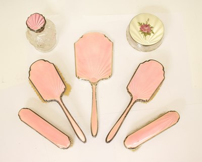 Lot 237 - Elizabeth II silver and pink guilloche enamel dressing set, etc