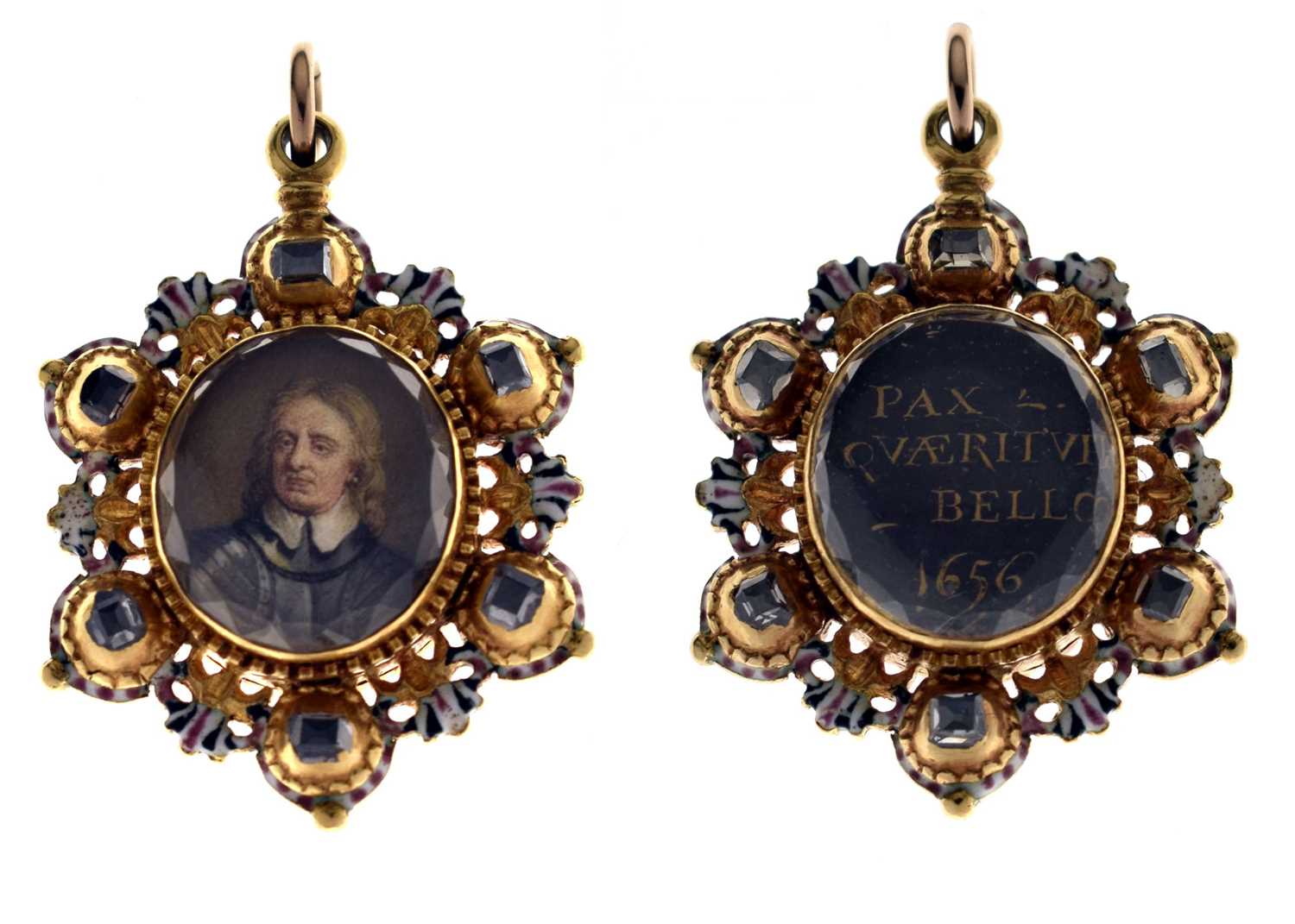 Lot 31 - Cromwellian Interest - Double-sided diamond enamelled portrait miniature pendant