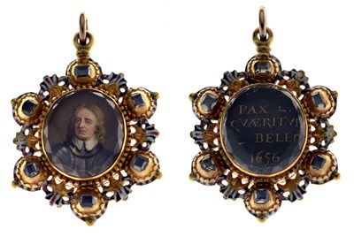 Lot 31 - Cromwellian Interest - Double-sided diamond enamelled portrait miniature pendant