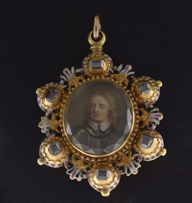 Lot 31 - Cromwellian Interest - Double-sided diamond enamelled portrait miniature pendant