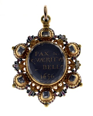Lot 31 - Cromwellian Interest - Double-sided diamond enamelled portrait miniature pendant
