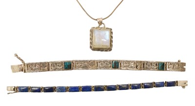Lot 178 - Two South American white metal (950) and hardstone panel bracelets, plus a pendant with chain