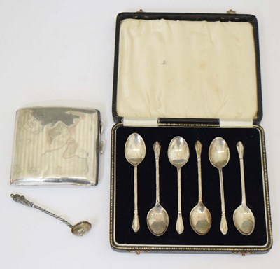 Lot 231 - Set of six silver coffee spoons, cigarette case, etc
