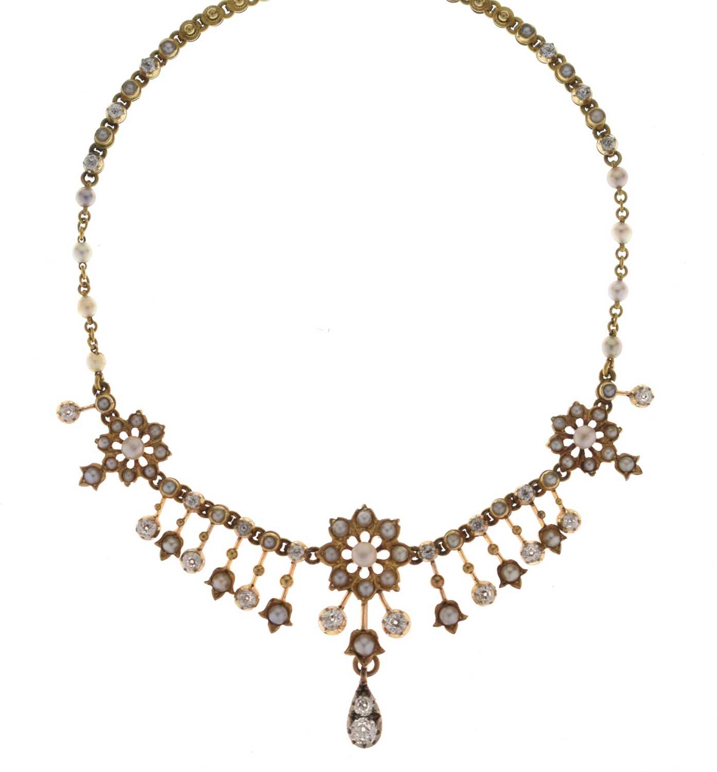 Lot Edwardian seed pearl and diamond unmarked yellow metal necklace