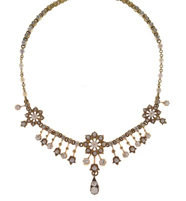 Lot Edwardian seed pearl and diamond unmarked yellow metal necklace