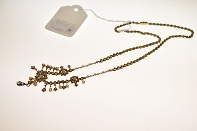 Lot Edwardian seed pearl and diamond unmarked yellow metal necklace