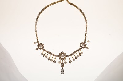 Lot Edwardian seed pearl and diamond unmarked yellow metal necklace