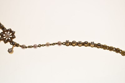 Lot Edwardian seed pearl and diamond unmarked yellow metal necklace