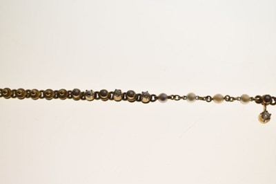 Lot Edwardian seed pearl and diamond unmarked yellow metal necklace