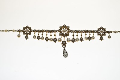Lot Edwardian seed pearl and diamond unmarked yellow metal necklace