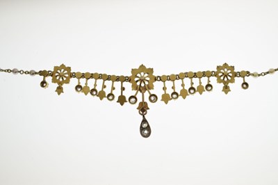 Lot Edwardian seed pearl and diamond unmarked yellow metal necklace