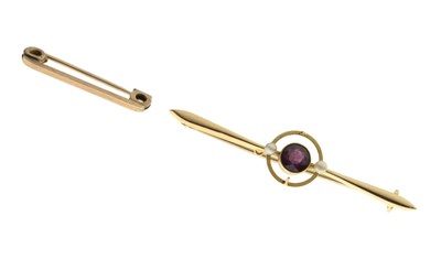 Lot 89 - Yellow metal ruby and seed pearl bar brooch