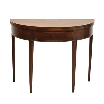 Lot 578 - George III inlaid and crossbanded mahogany demi lune tea table