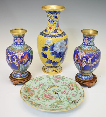 Lot 453 - Three Chinese cloisonné vases to include a pair, plus celadon porcelain plate