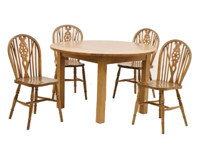 Lot 618 - Modern oak circular dining / kitchen table, and four Windsor chairs