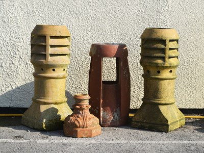 Lot 633 - Pair of terracotta vented or louvred topped chimney pots, etc