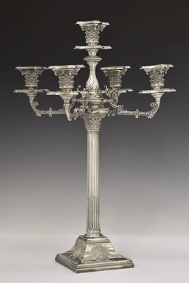 Lot Victorian silver-plated four-branch, five-light table candelabrum