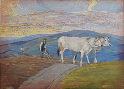 Lot 454 - Desiderio Tanfani (Italian, 1897 - 1977) - Oil on board - Tuscan plough scene