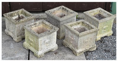 Lot 836 - Set of five square composition stone garden planters