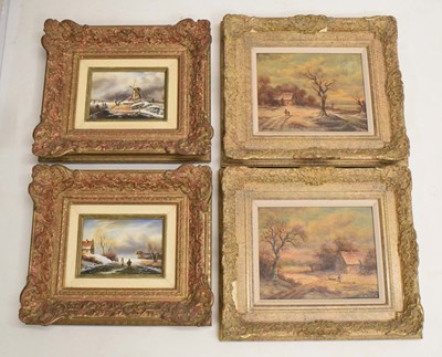 Lot 474 - Four Dutch style oils on board - Winter scenes