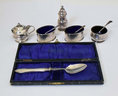Lot 93 - Elizabeth II silver three-piece condiment set, etc