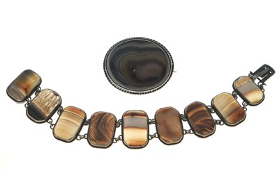 Lot 36 - Scottish style agate panel bracelet, together with an agate oval brooch (2)