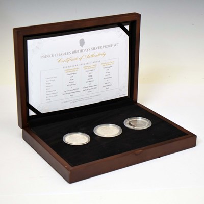 Lot 145 - Elizabeth II three-coin silver proof set, commemorating Prince Charles' Birthdays