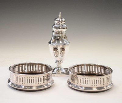 Lot 131 - Silver sugar sifter and pair of silver wine coasters