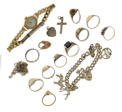 Lot 50 - Collection of 9ct gold and silver jewellery to include a lady's Majex 9ct gold cased wristwatch, etc