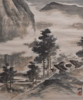 Lot 401 - Chinese School, mid 20th century - Grey watercolour wash - Mountainous landscape