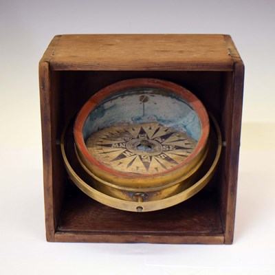 Lot 276 - Victorian oak-cased brass nautical compass with gimbal