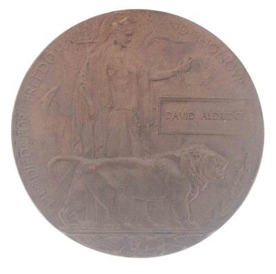 Lot 286 - First World War Memorial Plaque to David Aldridge