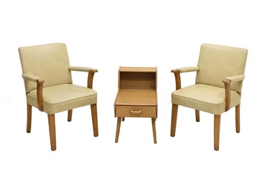 Lot 511 - G Plan (E. Gomme) - 1950s oak 'Brandon' bedside cabinet and a pair of mid century open armchairs