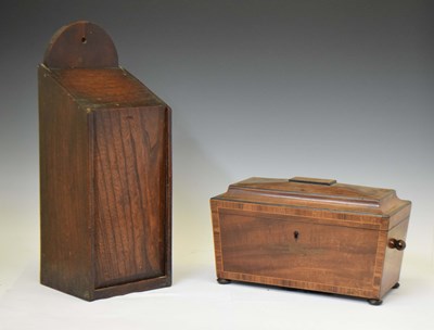 Lot 211 - 19th century oak candle box, together with a tea caddy
