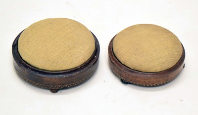 Lot 582 - Two late 19th century walnut circular inlaid footstools, retailed by William Whiteley