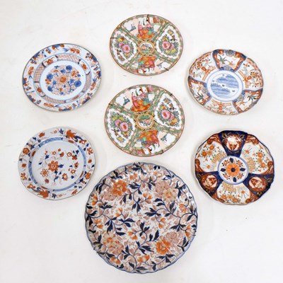 Lot 392 - Two 19th century Chinese plates, a pair of famille rose dishes, and two Imari dishes