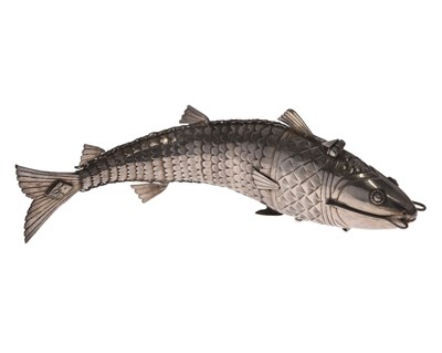 Lot Late 19th century Indian white metal Bihar or spice box formed as an articulated fish