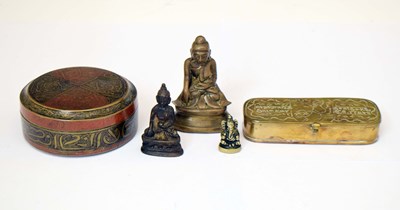 Lot 410 - Indian Benares brass box, three deity figures, etc