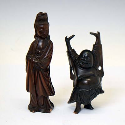 Lot 398 - Chinese carved Guanyin, together with the laughing Buddha