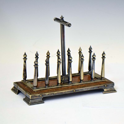 Lot 251 - Early 20th century silver plated and oak letter or toast rack