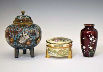 Lot 406 - Japanese cloisonné jar and cover, red cloisonné vase, and an Imari pot