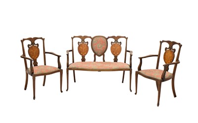 Lot 586 - Edwardian mahogany inlaid three piece salon or parlour suite
