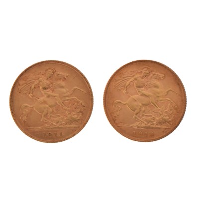 Lot 134 - Two George V gold half sovereigns, 1911 and 1914
