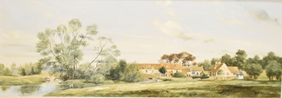Lot 506 - Michael Barnfather (British, b.1934) - Oil on canvas – Rural landscape of riverside cottages