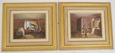 Lot 484 - Deborah Jones (1921-2012) - Pair of oils on board - Interior scenes with cats