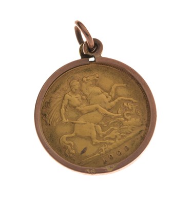 Lot 230 - Edward VII gold half sovereign, 1909, in a yellow metal pendant mount