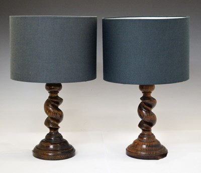 Lot 314 - Mulberry - Pair of oak barley twist table lamps