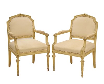 Lot 615 - Pair of early 20th century white painted fauteuil arm chairs