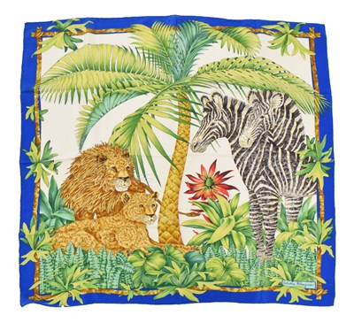 Lot 267 - Salvatore Ferragamo - Silk scarf decorated with lions and zebra