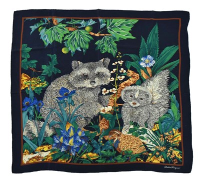 Lot 268 - Salvatore Ferragamo - Silk scarf decorated with stylised raccoons